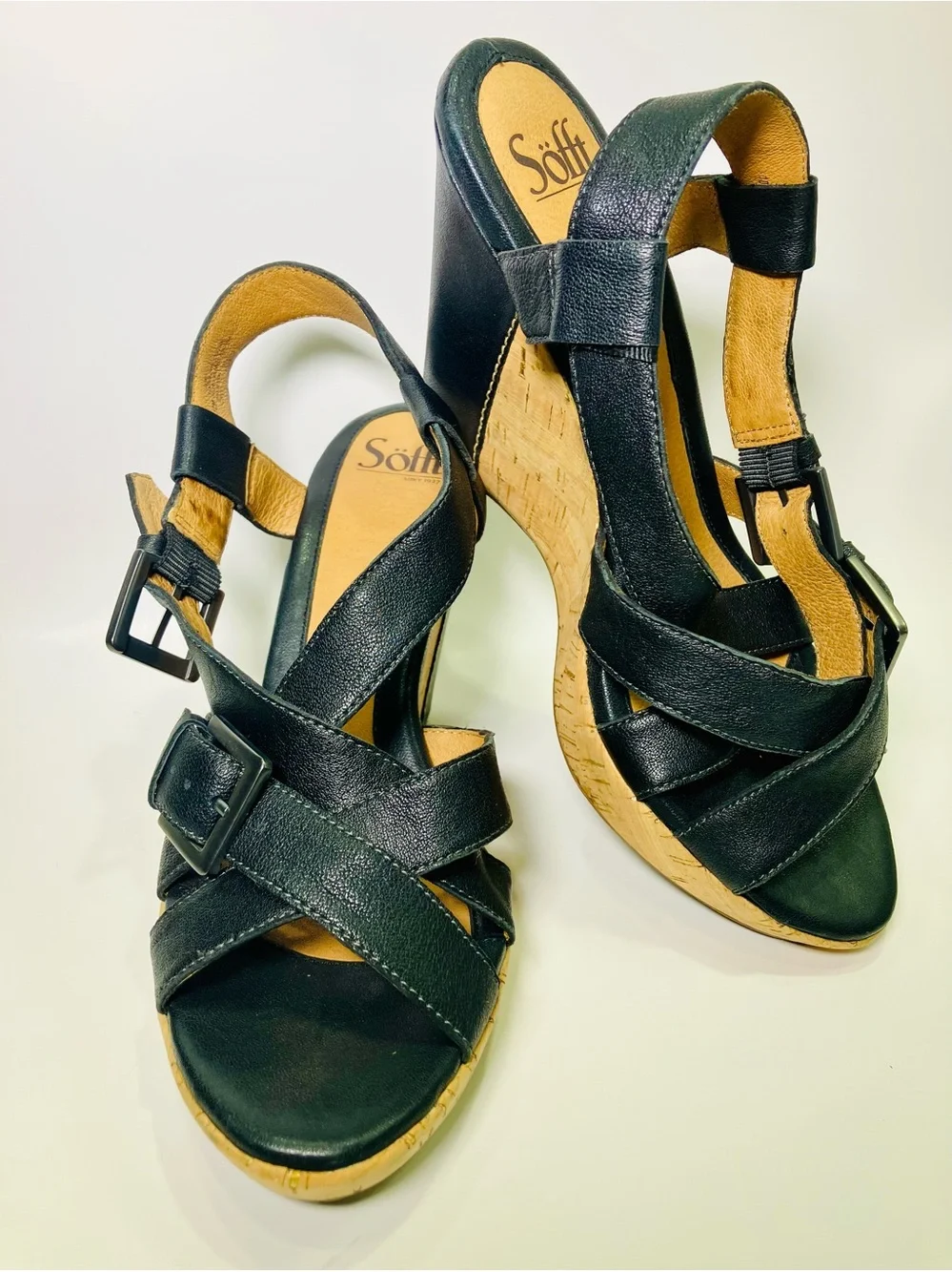 Vtg Söfft Black Crisscross Leather Goldflecked Cork Wedge Platform Sandal W Sz10